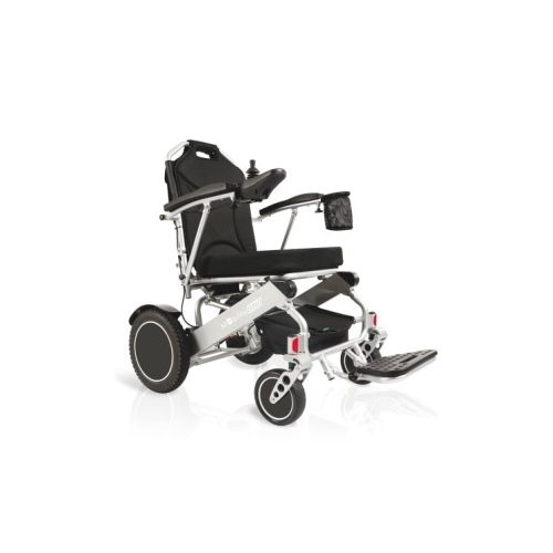 Carrozzina elettrica pieghevole CM860, telaio in alluminio, seduta 44 cm. Motore 2x250W, velocità max 6 km/h, autonomia 20 km, portata max 180 kg.