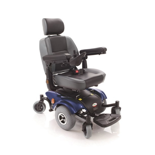 Carrozzina elettrica VIRGO a 6 ruote, trazione centrale, seduta 50 cm. Motore 2x420W, velocità max 6 km/h, autonomia 20 km, sospensioni indipendenti.