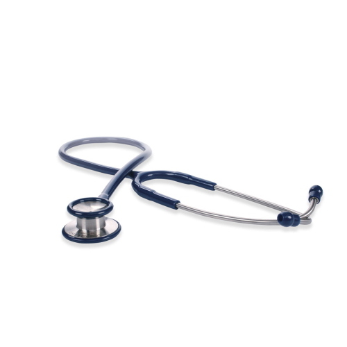 Stetofonendoscopio per adulti in acciaio inox satinato - doppia testa ruotante per auscultazione di suoni cardiaci, polmonari e vascolari, olive morbide a vite, anello antifreddo, tubo a Y in PVC 60cm, colore blu, latex free