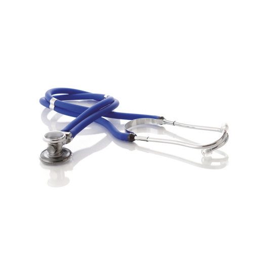 Stetofonendoscopio doppia testa in zinco tipo Rappaport - per auscultazione cardiaca e polmonare con doppia funzione, tubo gemellare, padiglioni ruotanti, completo di accessori intercambiabili, colore blu, latex free