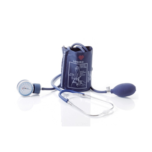 Sfigmomanometro ad aneroide per la misurazione manuale della pressione arteriosa - cassa standard blu, con fonendoscopio incluso, zero flottante, valvola a vite, bracciale in nylon a velcro, latex free