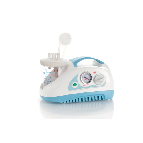 Aspimed 2.3, aspiratore chirurgico portatile da tavolo, 40 l/min, uso continuo, aspirazione regolabile con vacuometro, vaso da 1 litro autoclavabile con valvola di troppo pieno, 230 V/50 Hz, peso 3,6 kg.