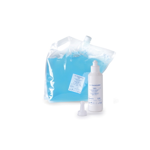 Gel conduttivo per ultrasuoni, 4 x 5 kg, idrosolubile e non untuoso, compatibile con le superfici di elettrodi e sonde. Confezione da quattro contenitori da 5 kg con dispenser.