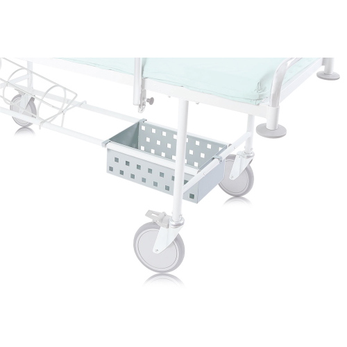 Cassetto porta oggetti in acciaio verniciato per il contenimento di materiali e strumenti durante il trasporto del paziente, accessorio optional compatibile con la barella da corsia BC100