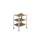 Carrello per medicazione in acciaio inox 18/10 a 3 ripiani in versione grande, per il trasporto e l'organizzazione di materiali in ospedali e ambulatori, maniglia di spinta, ruote Ø 8 cm, portata complessiva 60 kg, dim. 70x50x80h cm, peso 13 kg