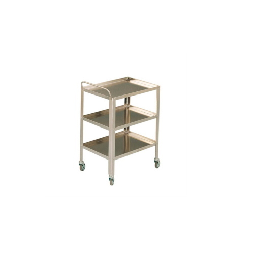 Carrello per medicazione in acciaio inox 18/10 a 3 ripiani in versione grande, per il trasporto e l'organizzazione di materiali in ospedali e ambulatori, maniglia di spinta, ruote Ø 8 cm, portata complessiva 60 kg, dim. 70x50x80h cm, peso 13 kg
