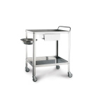 Carrello per medicazione in acciaio inox 18/10 a 2 ripiani con cassetto, portacatino e catino inclusi, per attività di medicazione e assistenza infermieristica, maniglia di spinta, ruote Ø 8 cm, dim. 70x50x85h cm, peso 15 kg