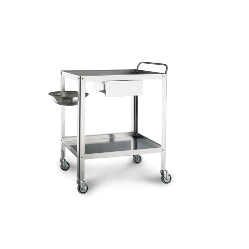 Carrello per medicazione in acciaio inox 18/10 a 2 ripiani con cassetto, portacatino e catino inclusi, per attività di medicazione e assistenza infermieristica, maniglia di spinta, ruote Ø 8 cm, dim. 70x50x85h cm, peso 15 kg