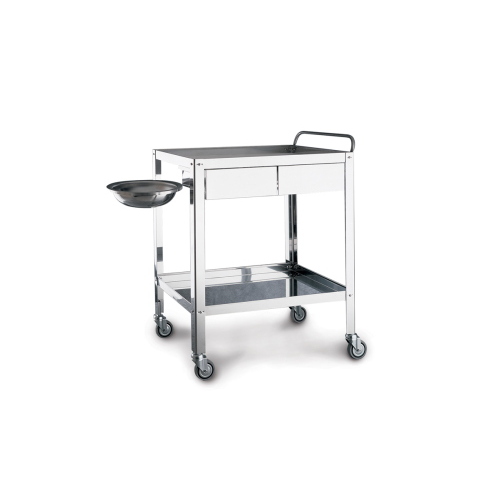 Carrello per medicazione in acciaio inox 18/10 con 2 cassetti, portacatino e catino inclusi, per attività di medicazione e assistenza infermieristica, maniglia di spinta, ruote Ø 8 cm, dim. 70x50x85h cm, peso 17 kg