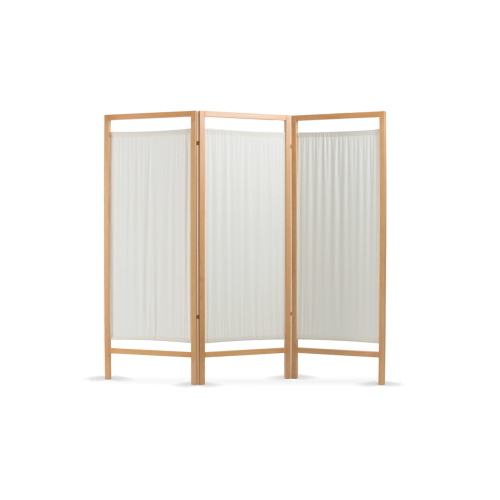 Paravento mobile in legno di Faggio a 3 ante con tendine in cotone ignifugo, per la separazione visiva e la privacy del paziente in studi medici e ambulatori, verniciatura ecologica all'acqua, dimensioni 193x170 cm, peso 10 kg