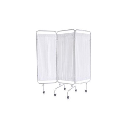 Paravento mobile in acciaio verniciato a 3 ante per la privacy del paziente in studi medici, ambulatori e corsie, tendine in PVC lavabile e autoestinguente, ruote Ø 50 mm centrali con freno, dim. complessive 160 x 170 cm, peso 10,5 kg