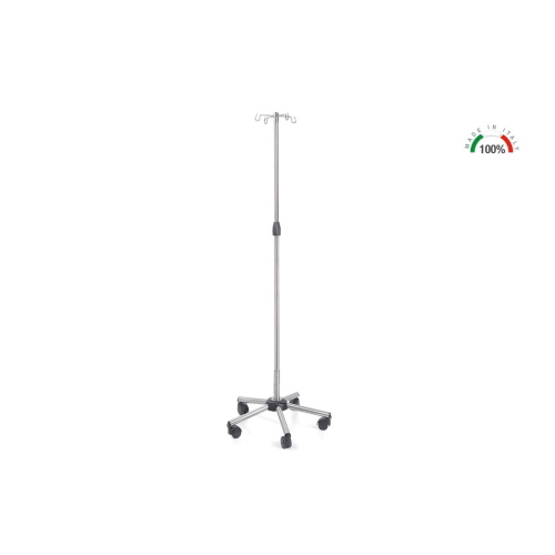 Piantana porta flebo per terapia infusionale con asta e 4 ganci in acciaio Inox, base in acciaio Inox su ruote, altezza regolabile 135-240 cm, portata massima 20 kg, ampia gamma di accessori optional disponibili