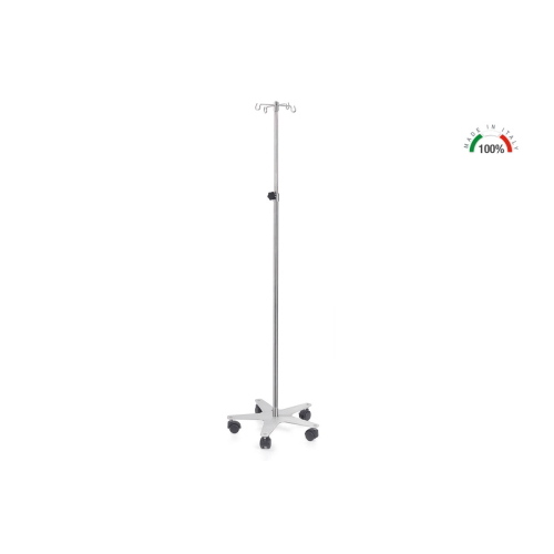Piantana porta flebo per terapia infusionale interamente in acciaio Inox (asta, ganci, base, meccanismo di regolazione), su ruote, altezza regolabile 135-240 cm, portata massima 40 kg, ampia gamma di accessori optional