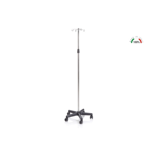 Piantana porta flebo per terapia infusionale con asta e 4 ganci in acciaio Inox, base in polipropilene su ruote, altezza regolabile 135-240 cm, portata massima 20 kg, accessori optional disponibili