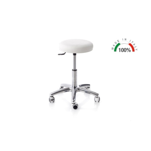 Sgabello girevole blu per personale sanitario, base in alluminio robusta, elevazione rapida a pistone a gas 14 cm con escursione altezza 42-56 cm, sedile imbottito Ø 32 cm, portata massima 150 kg, per studi medici e ambulatori