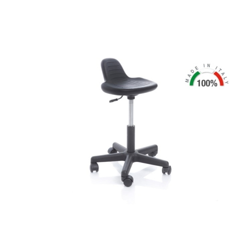 Sgabello girevole nero con schienale per maggiore comfort del personale sanitario, base leggera in polipropilene, elevazione a pistone a gas 14 cm con escursione altezza 40-53 cm, portata massima 150 kg, per postazioni prolungate