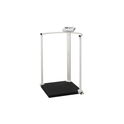 Bilancia pesapersone a piattaforma con corrimano per uso professionale, pedana extra large antiscivolo, display doppia lettura peso/altezza/BMI, ruote per il trasporto, portata 300 kg, divisione 100 g