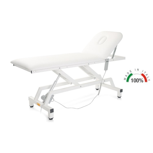 Lettino per visita medica elettrico bianco, piano 62 cm, altezza elettrica, schienale a cremagliera 0-60°, foro facciale, similpelle lavabile, portata 150 kg