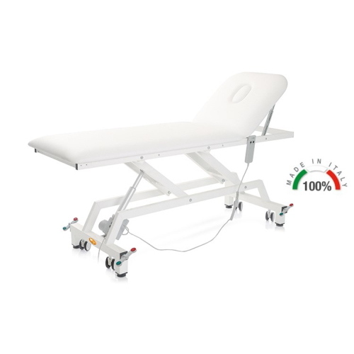 Lettino per visita medica elettrico blu con ruote, piano 72 cm, altezza elettrica, schienale a cremagliera 0-60°, foro facciale, similpelle lavabile, portata 150 kg