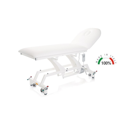 Lettino per visita medica elettrico blu con ruote, piano 68 cm, regolazione elettrica altezza/schienale 0-60°, foro facciale, similpelle lavabile, portata 200 kg