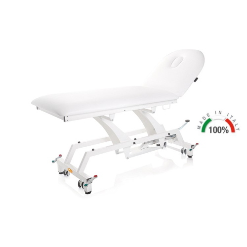 Lettino per visita medica idraulico blu con ruote, piano 68 cm, altezza idraulica, schienale a molla a gas 0-60°, foro facciale, similpelle lavabile, portata 180 kg