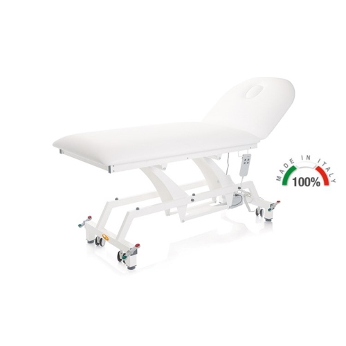 Lettino per visita medica elettrico blu con ruote, piano largo 90 cm, regolazione elettrica altezza/schienale 0-60°, foro facciale, similpelle lavabile, portata 200 kg
