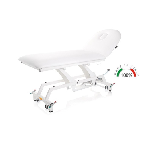 Lettino per visita medica idraulico blu con ruote, piano largo 90 cm, altezza idraulica, schienale a molla a gas 0-60°, foro facciale, similpelle lavabile, portata 180 kg