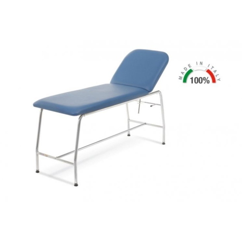 Lettino per visita medica fisso blu, tubolare rotondo in acciaio cromato, schienale regolabile 0-60°, similpelle lavabile, 4 piedini regolabili, portata 180 kg