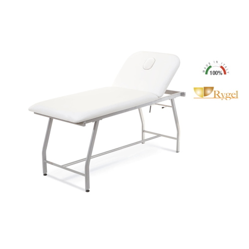 Lettino per fisioterapia bianco, tubolare rettangolare in acciaio verniciato, piano 75 cm con foro facciale, schienale regolabile 0-60°, similpelle lavabile, portata 180 kg