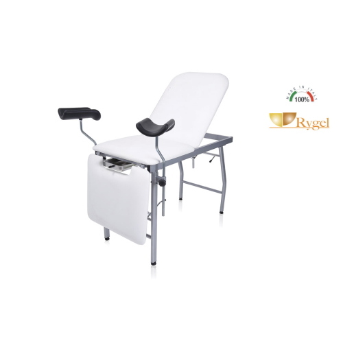 Lettino da visita ginecologica bianco a 3 sezioni con 2 snodi, reggicosce 360° regolabili, vaschetta raccogli liquidi inox, tubolare rettangolare ed ovale, portata 180 kg