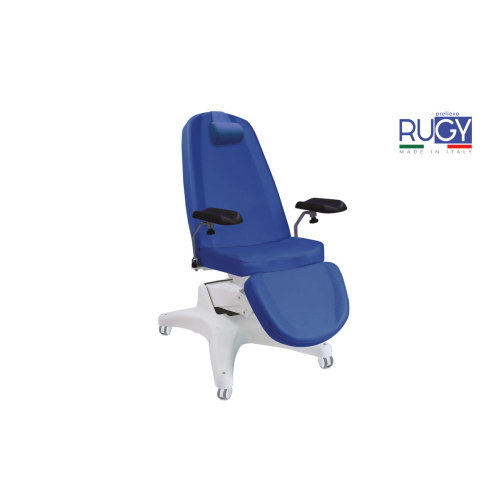 Poltrona multifunzione Rugy Prelievo blu, per prelievi ematici ed emotrasfusioni, ecopelle ignifuga lavabile, 4 motori elettrici, Trendelenburg 15&deg;, seduta regolabile 52-92 cm, portata 200 kg