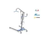 Sollevamalati elettrico, portata max 200 kg: apertura gambe a pedale con blocco di sicurezza, struttura in acciaio verniciato, 4 ruote piroettanti Ø10 cm (2 con freno), pulsante di stop di emergenza, telecomando.