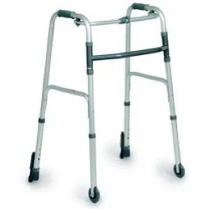 DEAMBULATORE PIEGHEVOLE A DUE RUOTE FISSE E PUNTALI AUTOBLOCCANTI - ALTEZZA REGOLABILE 82-99 cm - PORTATA MAX 130 kg - 2 RUOTE E 2 PUNTALI CON SISTEMA AUTOBLOCCANTE - CON PULSANTE - IN ALLUMINIO