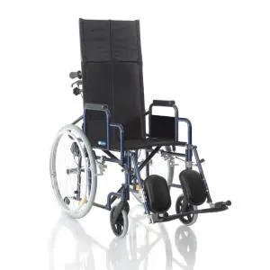 Carrozzina pieghevole ad autospinta con schienale prolungato, seduta 40 cm, colore blu, larghezza 62 cm: pieghevole ad autospinta con schienale reclinabile a pistoni, telaio a crociera singola in acciaio verniciato, ruotini antiribaltamento.