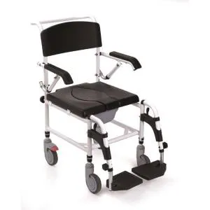 COMODA (seduta 50cm - LARGHEZZA 49) PER WC E DOCCIA IN ALLUMINIO VERNICIATO - CON BRACCIOLI RIBALTABILI E PEDANE RIBALTABILI GIREVOLI, ESTRAIBILI CON POGGIAPIEDI REGOLABILI IN ALTEZZA - 4 RUOTE PIROETTANTI