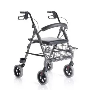 Rollator pieghevole in alluminio, 4 ruote Ø20 cm EVA, seduta imbottita 38×34 cm con schienale, cestino porta oggetti, freni a doppia funzione, impugnature anatomiche regolabili 80–93 cm, portata 136 kg, peso 8,4 kg