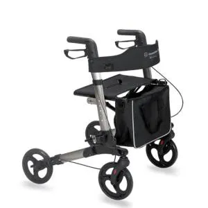 ROLLATORE (GRIGIO) RICHIUDIBILE E PIEGHEVOLE IN ALLUMINIO - 4 RUOTE IN PVC - SEDUTA IN TESSUTO - BORSA PORTA OGGETTI TRASFORMABILE IN BORSA PER IL TRASPORTO