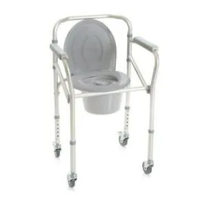 COMODA PER DOCCIA CON BRACCIOLI E RUOTE PIROETTANTI CON FRENO - 4 FUNZIONI IN UNA (rialzo per water, supporto per water, sedia comoda e sedile per doccia) - L:50 x P:43 (ingombro max 52) x H:64÷74 cm - Altezza seduta regolabile da 47 a 57 cm