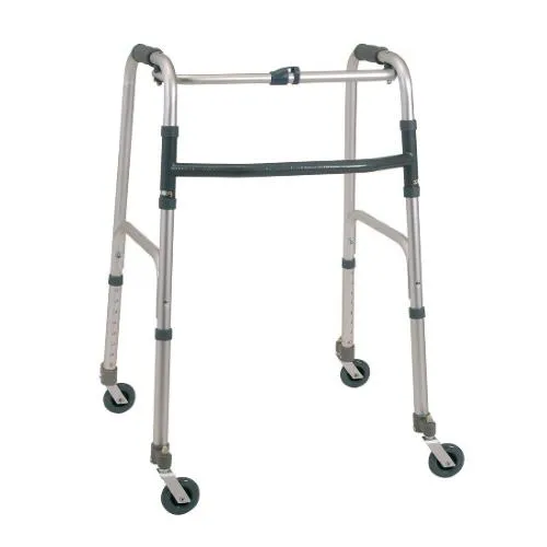 DEAMBULATORE PIEGHEVOLE IN ALLUMINIO CON 4 RUOTE PIROETTANTI - ALTEZZA REGOLABILE 82,5-100 cm - PORTATA MAX 130 kg - MANOPOLE IMBOTTITE - CON PULSANTE - IN ALLUMINIO