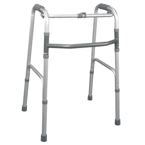 DEAMBULATORE PIEGHEVOLE CON PULSANTE - ALTEZZA REGOLABILE da 65 a 75 cm - PORTATA MAX 130 kg - CON 4 PUNTALI IN GOMMA E MANOPOLE IMBOTTITE - IN ALLUMINIO ANODIZZATO