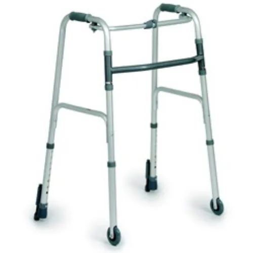 DEAMBULATORE PIEGHEVOLE A DUE RUOTE FISSE E PUNTALI AUTOBLOCCANTI - ALTEZZA REGOLABILE 82-99 cm - PORTATA MAX 130 kg - 2 RUOTE E 2 PUNTALI CON SISTEMA AUTOBLOCCANTE - CON PULSANTE - IN ALLUMINIO