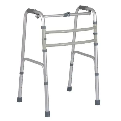 DEAMBULATORE PIEGHEVOLE CON FUNZIONE FISSA OD OSCILLANTE E CHIUSURA CON PULSANTE - ALTEZZA REGOLABILE 85-103 cm - PORTATA MAX 130 kg - CON MANOPOLE IMBOTTITE E PUNTALI IN GOMMA ANTISCIVOLO - IN ALLUMINIO ANODIZZATO