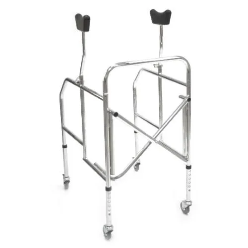 DEAMBULATORE PIEGHEVOLE CON APPOGGIO SOTTOASCELLARE - 4 RUOTE PIROETTANTI (2 CON FRENI) - GAMBE REGOLABILI IN ALTEZZA 86-98,5cm - ALTEZZA APPOGGI REGOLABILE 117-147cm - PORTATA MAX 130 kg - IN ACCIAIO CROMATO