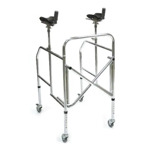 DEAMBULATORE PIEGHEVOLE CON APPOGGIO ANTIBRACHIALE - 4 RUOTE PIROETTANTI (2 CON FRENI) - GAMBE E APPOGGI REGOLABILI IN ALTEZZA - ALTEZZA APPOGGI 97-142,5 cm - PORTATA MAX 130 kg - IN ACCIAIO CROMATO