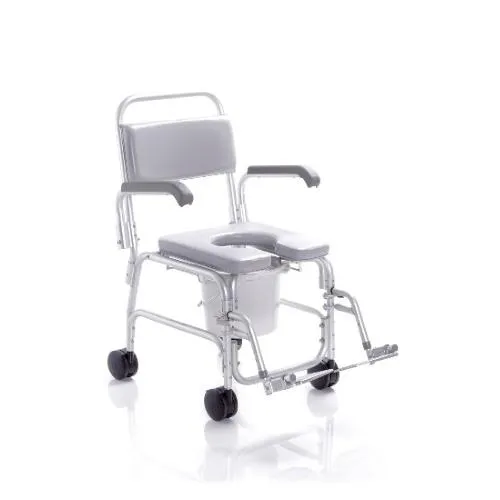COMODA PER WC E DOCCIA (Seduta 41cm - LARGHEZZA 57) IN ALLUMINIO CON BRACCIOLI RIBALTABILI E PEDANE RIBALTABILI, ESTRAIBILI E REGOLABILI IN LUNGHEZZA - 4 RUOTE PIROETTANTI