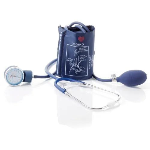 SFIGMOMANOMETRO AD ANEROIDE (con fonendoscopio) - CASSA IN LEGA LEGGERA VERNICIATA BLU - MONOPALLA CON VALVOLA DI RITEGNO A SFERA - BRACCIALE IN NYLON CON CHIUSURA A VELCRO - LATEX FREE -
