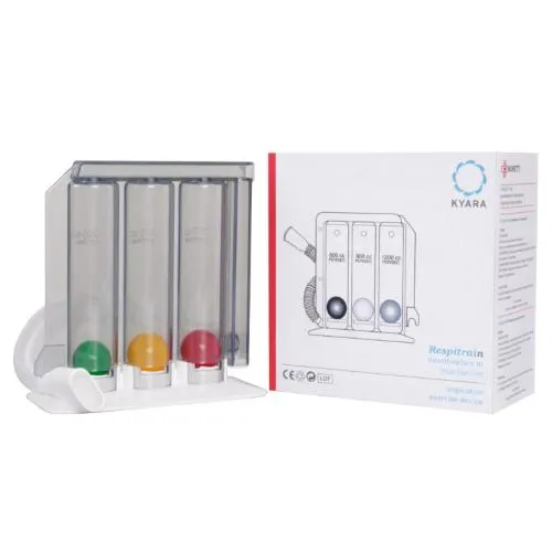 RESPITRAIN (1200 CC) - INCENTIVATORE DELLA RESPIRAZIONE MEDIANTE L'INSPIRAZIONE / ESPIRAZIONE - composto da una base e da un corpo a tre camere con all’interno tre sfere di colore e peso diversi.