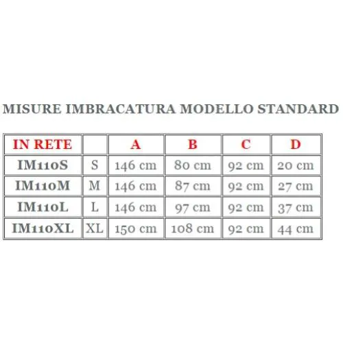 Imbracatura standard in rete, con poggiatesta, taglia XL, portata max 250 kg, tessuto poliestere a rete.