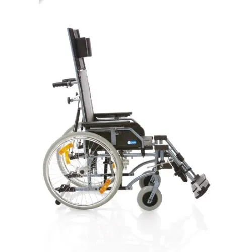 Carrozzina pieghevole ad autospinta con schienale prolungato, seduta 43 cm, colore grigio, larghezza 65 cm: pieghevole ad autospinta con schienale reclinabile a pistoni, telaio a doppia crociera in alluminio, freni operatore sulle maniglie.