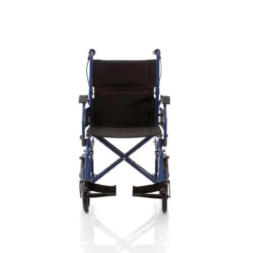 Carrozzina pieghevole, seduta 46 cm, colore blu, larghezza 60,5 cm: pieghevole, telaio a doppia crociera in acciaio verniciato, ruote posteriori diametro 30 cm, braccioli corti ribaltabili ed estraibili, schienale pieghevole con freni operatore.